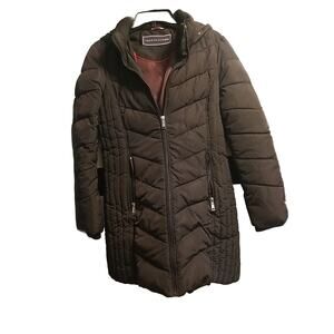 Tommy Hilfiger Womens Black Quilted Zipper w Hood Coat Size Small